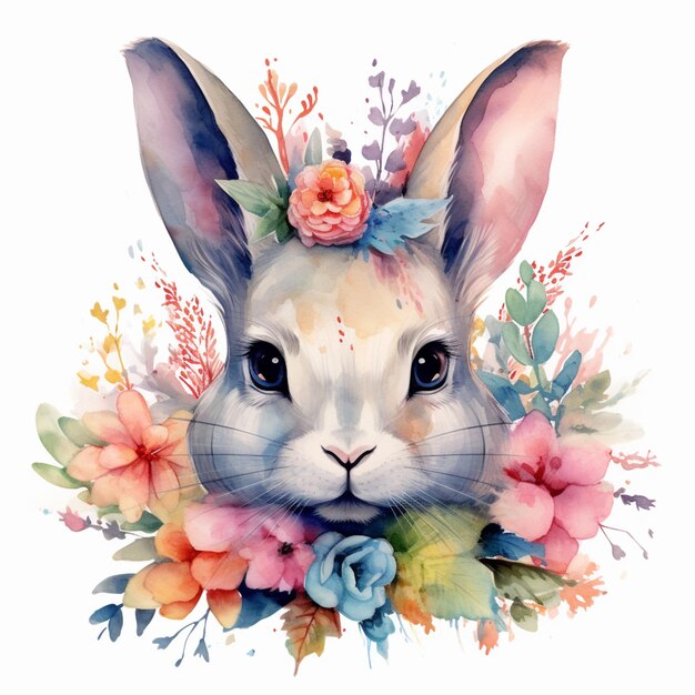 Foto hay una pintura a la acuarela de un conejo con flores en él generativo ai