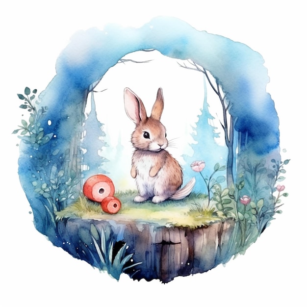 Hay una pintura a la acuarela de un conejo sentado en la hierba generativa ai