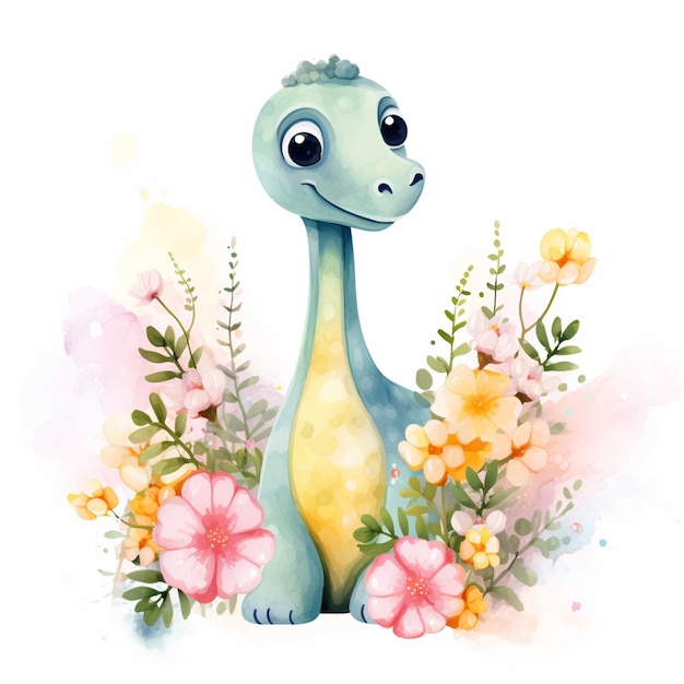 Hay una pintura a la acuarela de un dinosaurio con flores generativas ai