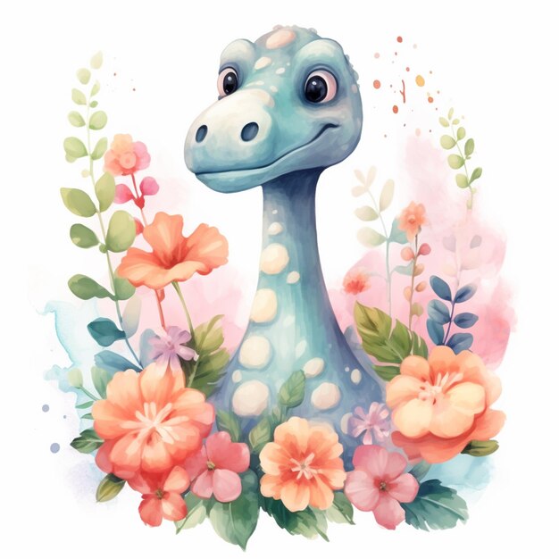 Hay una pintura a la acuarela de un dinosaurio con flores generativas ai