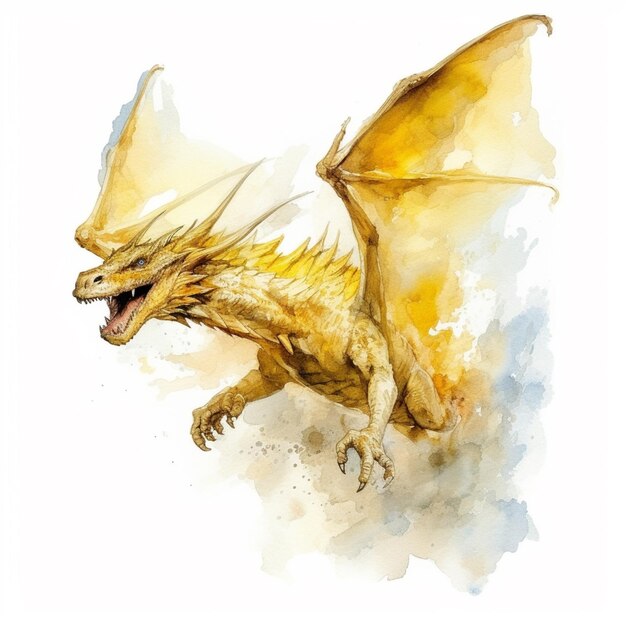 Foto hay una pintura en acuarela de un dragón con una cola amarilla generativa ai