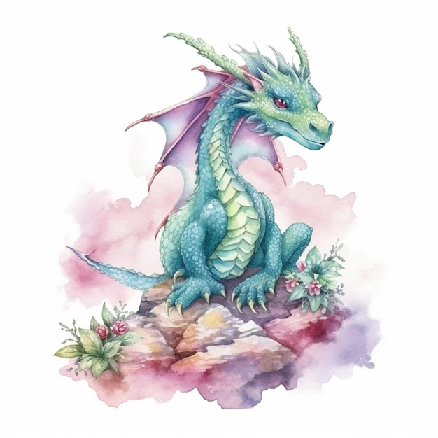 Hay una pintura a la acuarela de un dragón sentado en una roca generativa ai