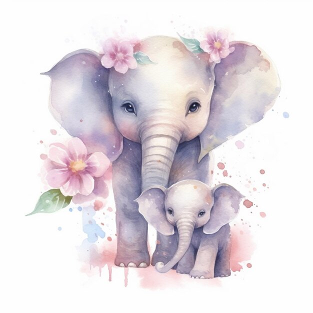 Hay una pintura de acuarela de un elefante bebé y su madre ai generativa.