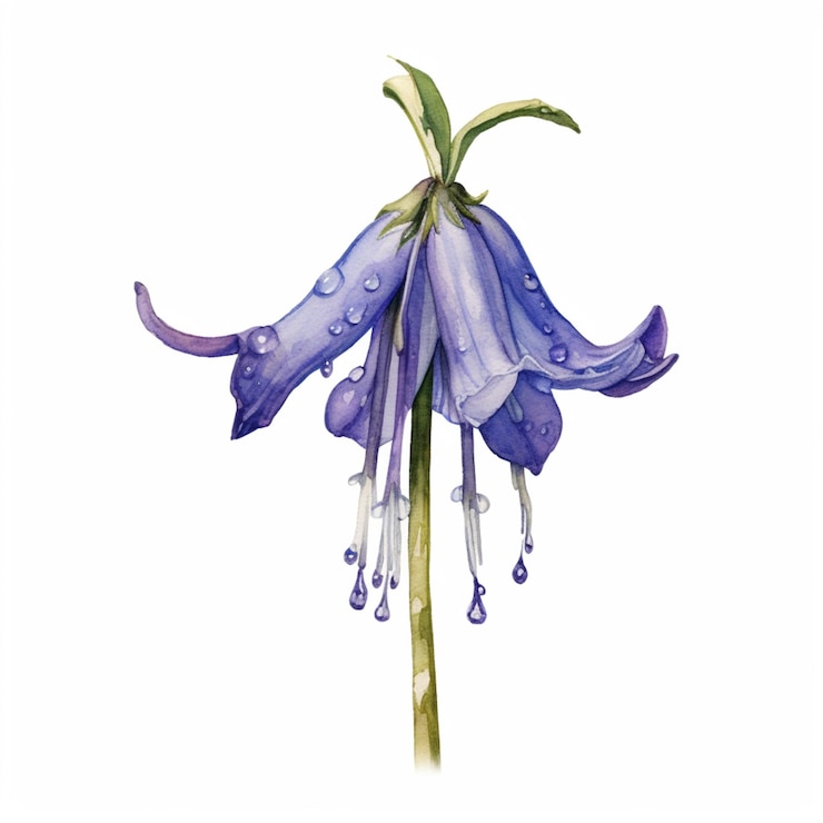 Foto hay una pintura de acuarela de una flor azul con gotas de agua ai generativo