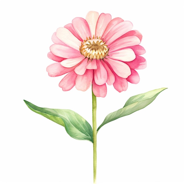 Foto hay una pintura de acuarela de una flor rosa con hojas verdes ai generativo
