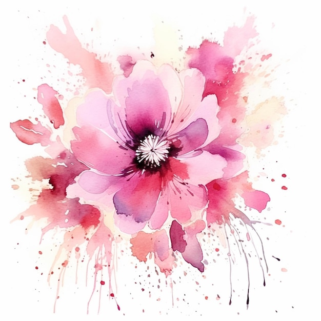 Hay una pintura de acuarela de una flor rosa sobre un ai generativo de fondo blanco.