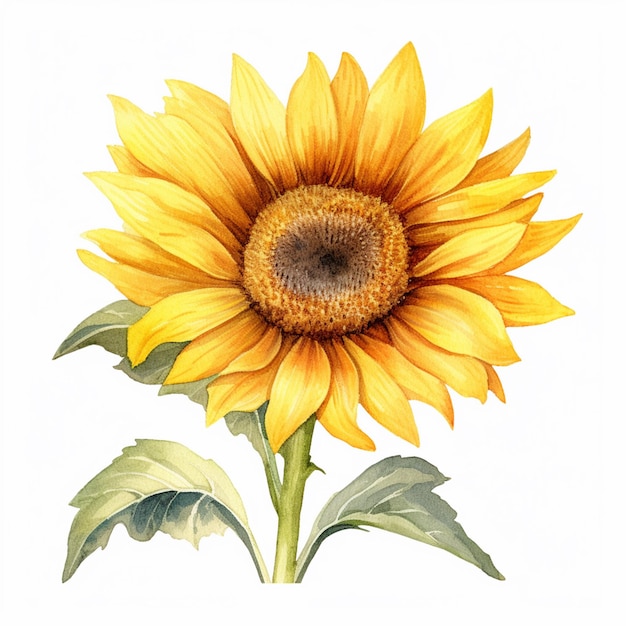 Hay una pintura en acuarela de un girasol con hojas generativas ai