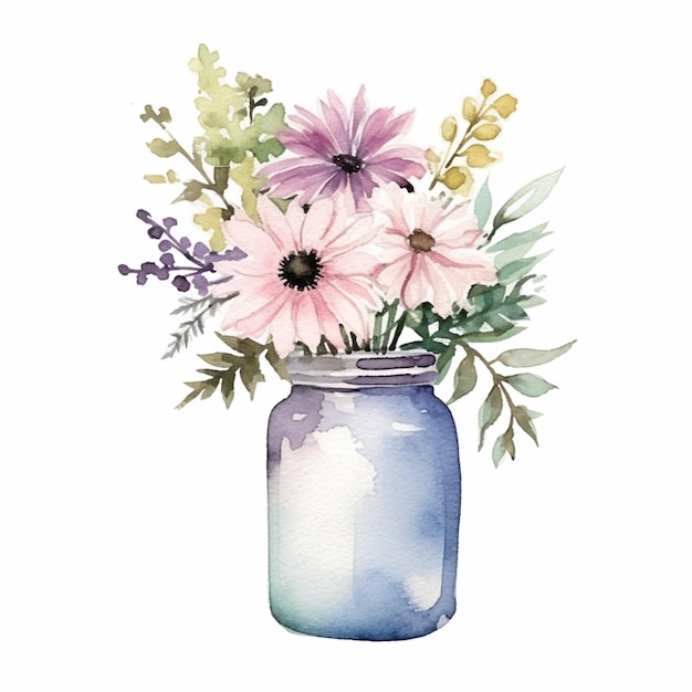 Hay una pintura de acuarela de un jarrón con flores en él generativo ai