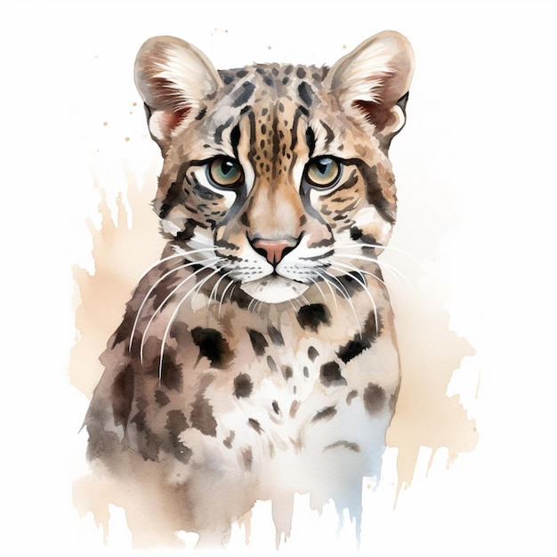 Hay una pintura en acuarela de un leopardo con un fondo blanco generativo ai