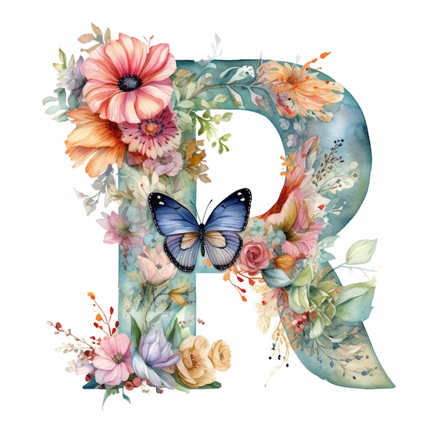 Hay una pintura a la acuarela de una letra r con flores y mariposas generativa ai