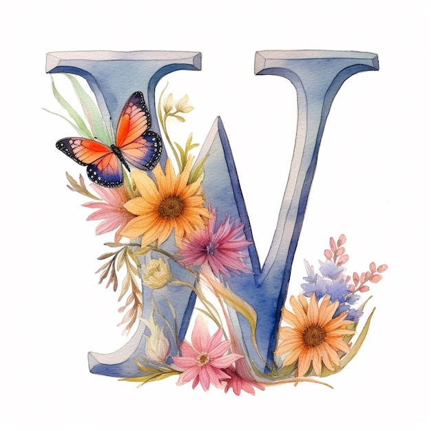 Hay una pintura a la acuarela de una letra w con flores y mariposas generativa ai