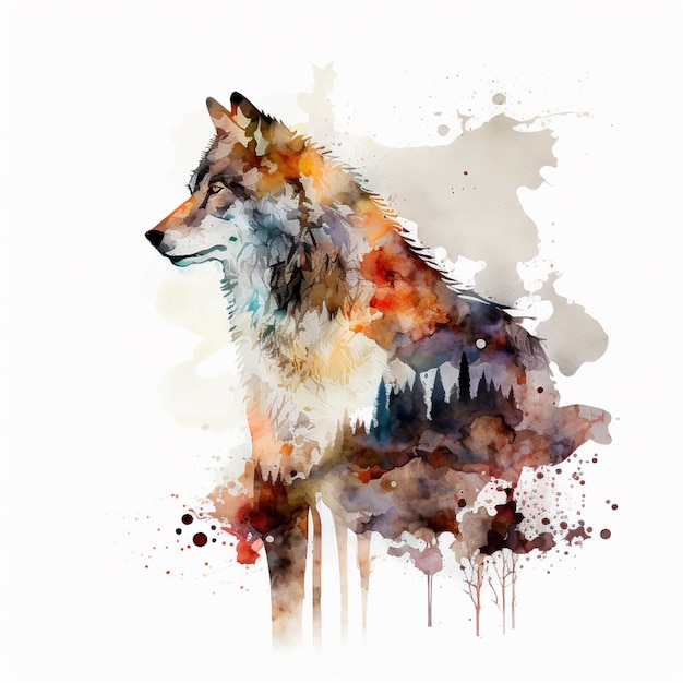 Hay una pintura a la acuarela de un lobo con una montaña en el fondo.