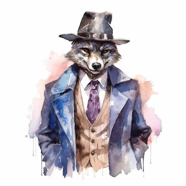 Hay una pintura de acuarela de un lobo con traje y corbata generativa ai