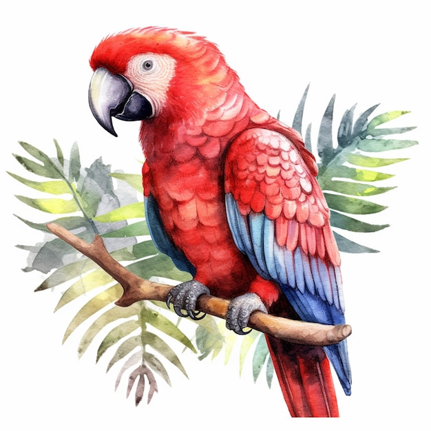 Hay una pintura de acuarela de un loro rojo sentado en una rama ai generativa