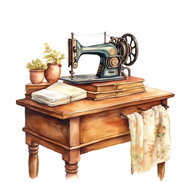 Hay una pintura a la acuarela de una máquina de coser en una mesa generativa ai