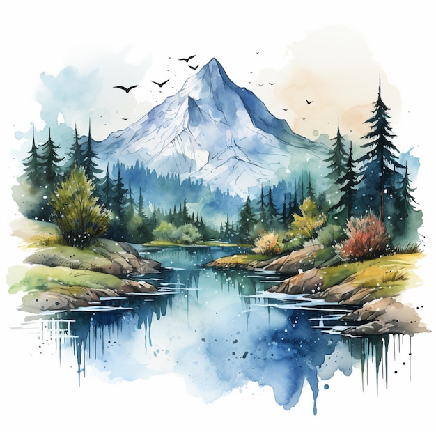 Hay una pintura en acuarela de una montaña con un lago generativo ai