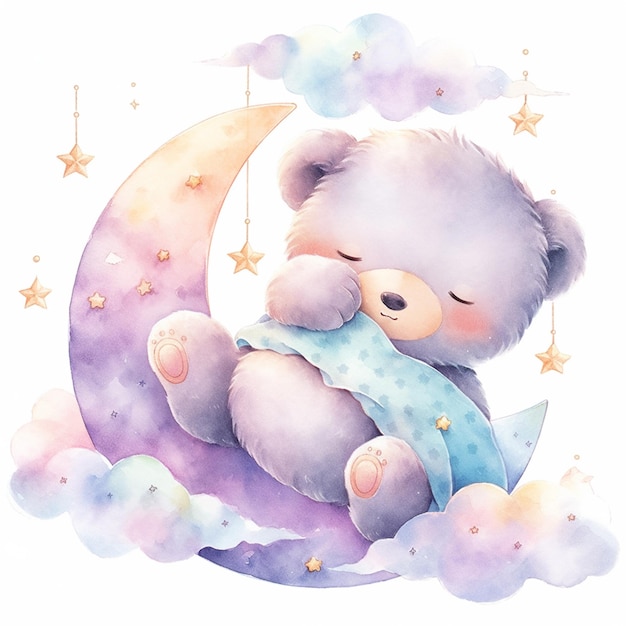 hay una pintura en acuarela de un osito de peluche durmiendo en una ai generativa en forma de media luna