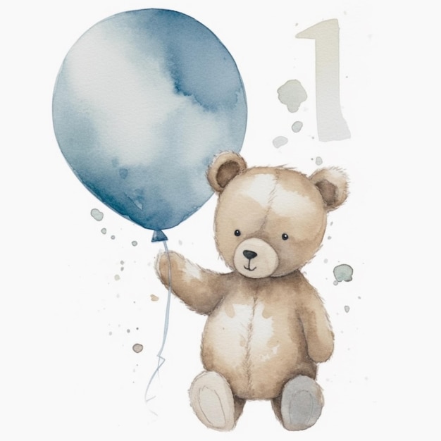 hay una pintura de acuarela de un oso de peluche sosteniendo un globo generativo ai