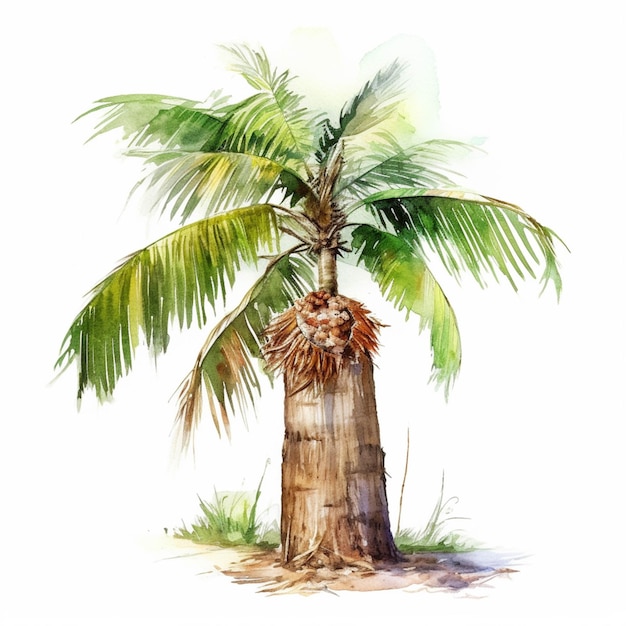 Hay una pintura de acuarela de una palmera en una playa generativa ai