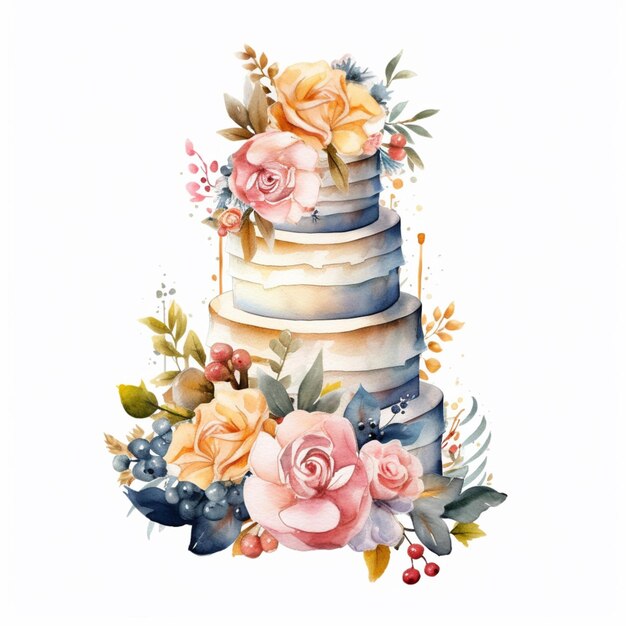 Hay una pintura de acuarela de un pastel de bodas con flores generativas ai.