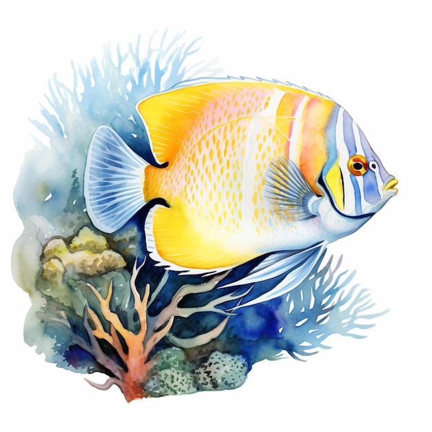 Hay una pintura de acuarela de un pez en un ai generativo de arrecife de coral.