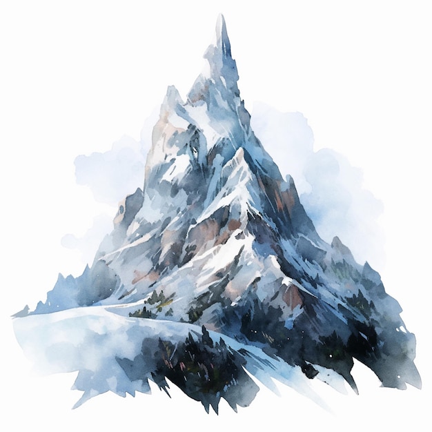 Hay una pintura a la acuarela de un pico de montaña con una cima cubierta de nieve.