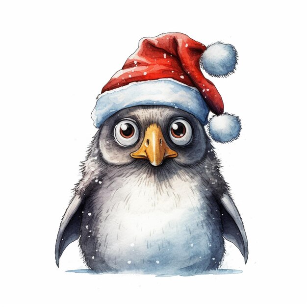 Hay una pintura a la acuarela de un pingüino con un sombrero de Santa generativo ai