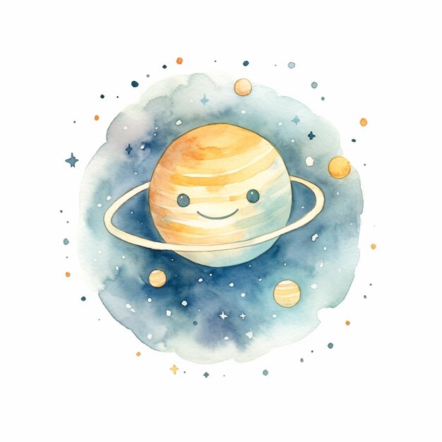 Hay una pintura en acuarela de un planeta Saturno sonriente generativo ai