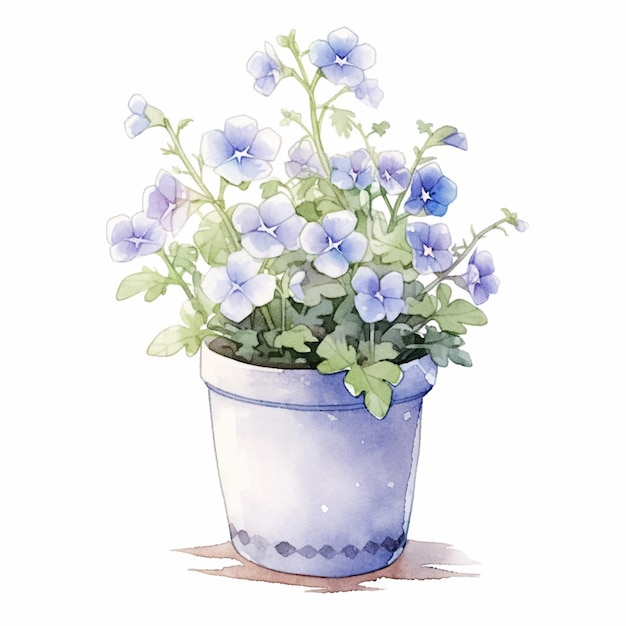 hay una pintura de acuarela de una planta en maceta con flores azules ai generativo