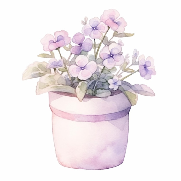 hay una pintura de acuarela de una planta en maceta con flores de color púrpura ai generativo