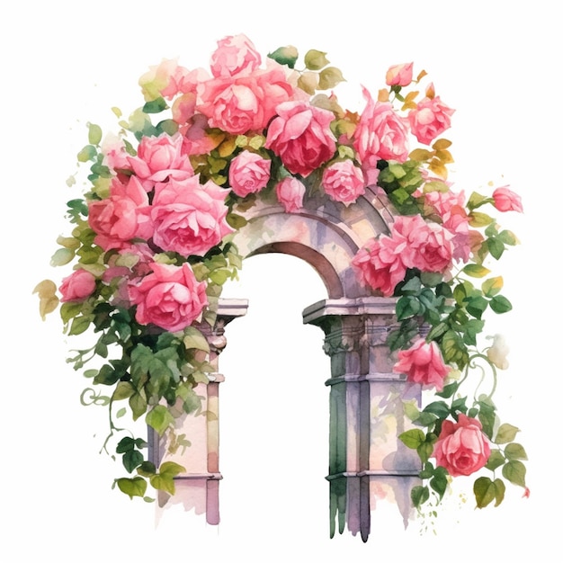 Hay una pintura de acuarela de una puerta con rosas rosadas ai generativo.