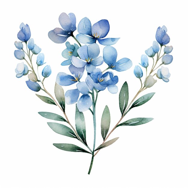 Hay una pintura a la acuarela de un ramo de flores azules generativa ai