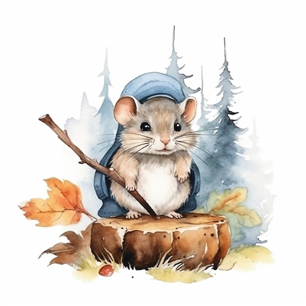 Hay una pintura a la acuarela de un ratón con un sombrero y un palo generativo ai