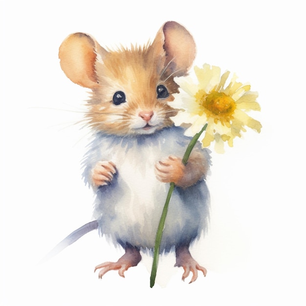 Hay una pintura de acuarela de un ratón sosteniendo una flor generativa ai