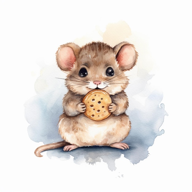 Hay una pintura en acuarela de un ratón sosteniendo una galleta ai generativa.