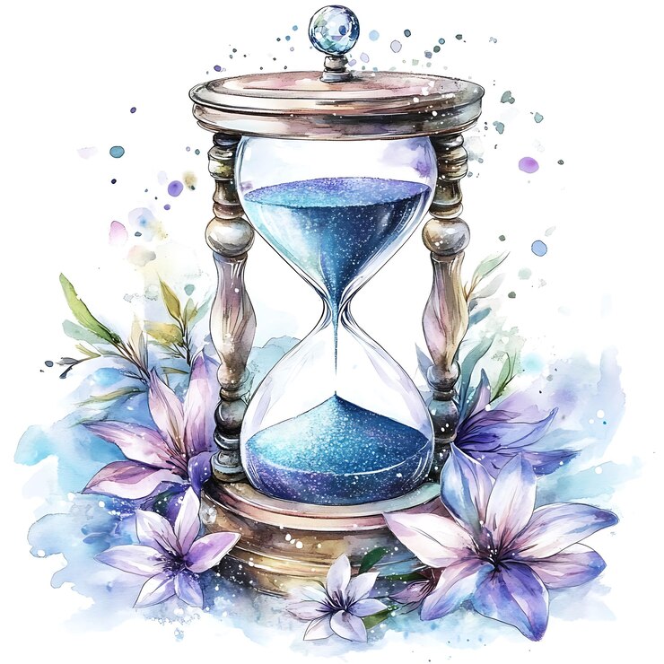 Hay una pintura a la acuarela de un reloj de arena con flores