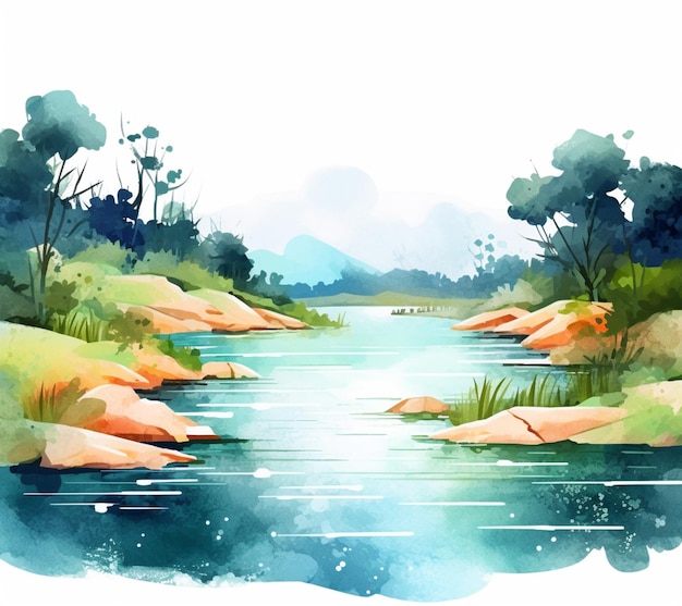 Hay una pintura a la acuarela de un río con rocas y árboles generativos ai