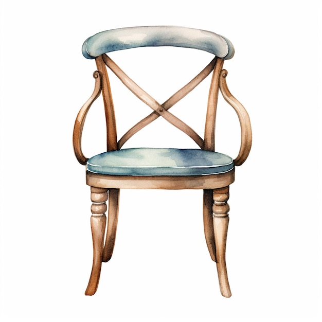 Foto hay una pintura a la acuarela de una silla con un asiento azul generativo ai
