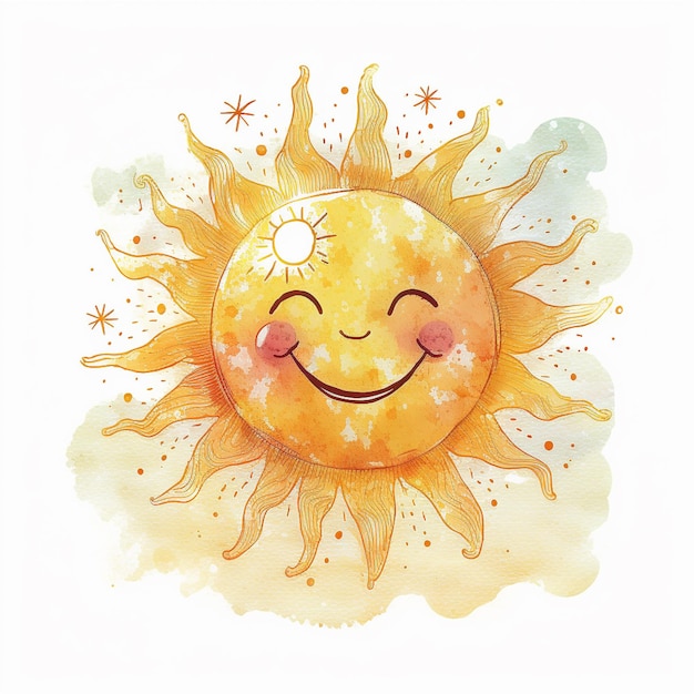 Hay una pintura en acuarela de un sol sonriente con una cara de sol generativa ai