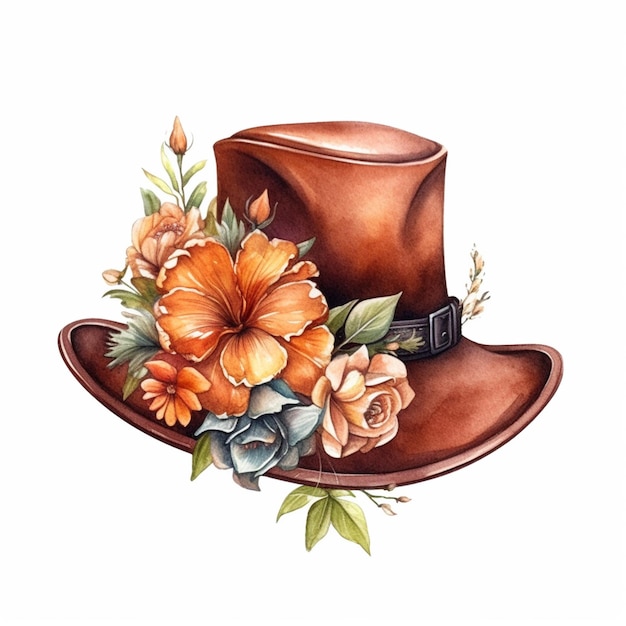 Hay una pintura de acuarela de un sombrero con flores en él ai generativo