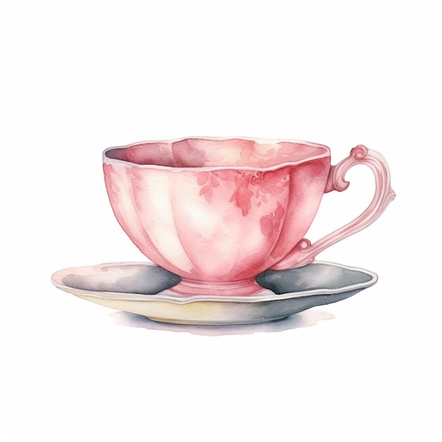 Hay una pintura en acuarela de una taza de té rosa y un platillo generativo ai