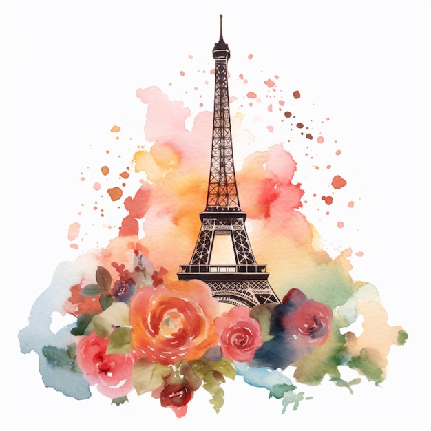 Hay una pintura de acuarela de la torre eiffel con flores generativas ai.