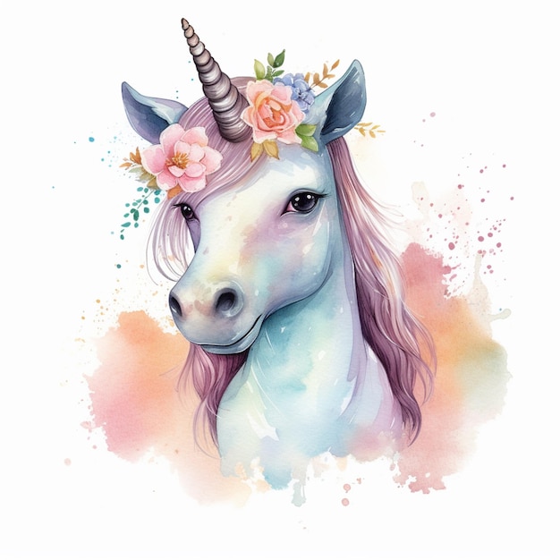Hay una pintura en acuarela de un unicornio con una corona de flores generativa ai