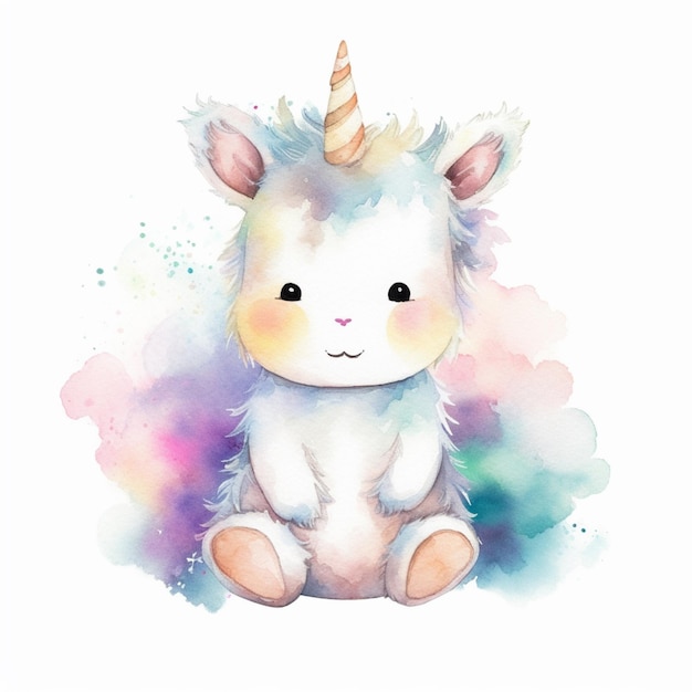 Hay una pintura a la acuarela de un unicornio sentado en el suelo generativo ai