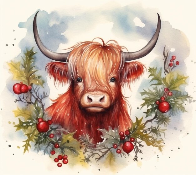 Foto hay una pintura en acuarela de una vaca con cuernos y hojas de acebo generativo ai