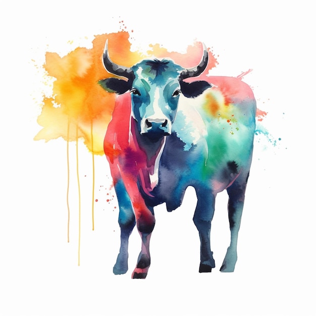 hay una pintura de acuarela de una vaca con un fondo colorido ai generativo
