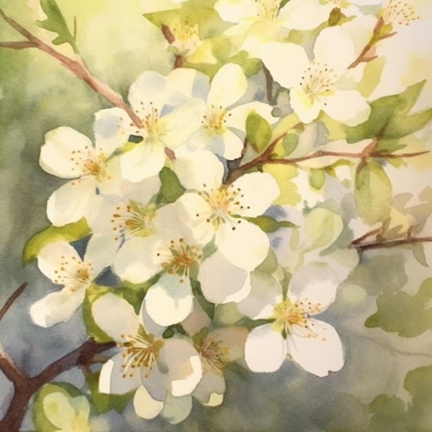 Hay una pintura de un árbol con flores blancas en él generative ai