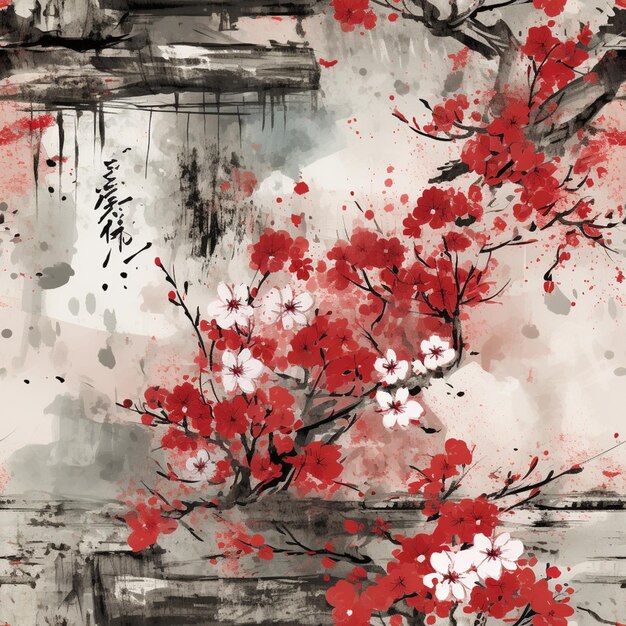 Foto hay una pintura de un árbol con flores rojas en él generativo ai
