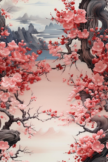 Hay una pintura de un árbol con flores rosadas en las ramas ai generativo