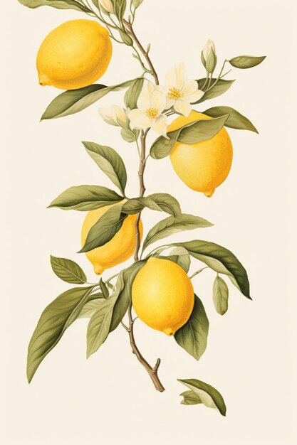 Hay una pintura de un árbol de limón con frutos amarillos generativos ai
